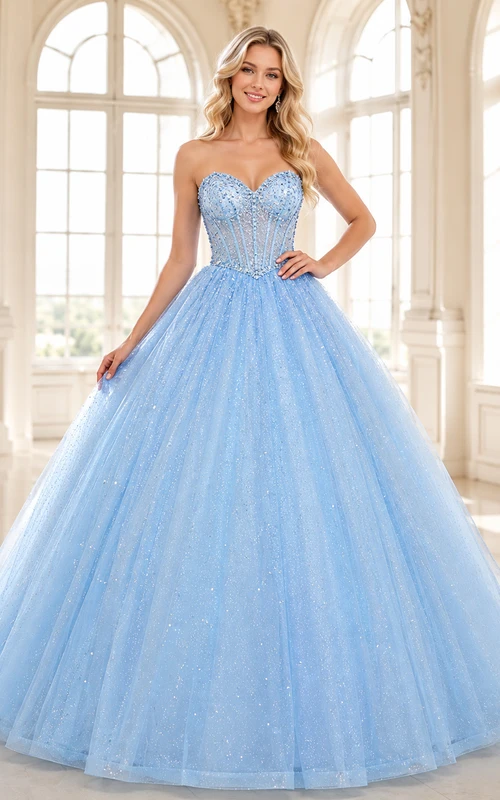 Vestido de princesa de quinceañera elegante, sin tirantes, con escote corazón, lentejuelas y tul brillante, color azul cielo