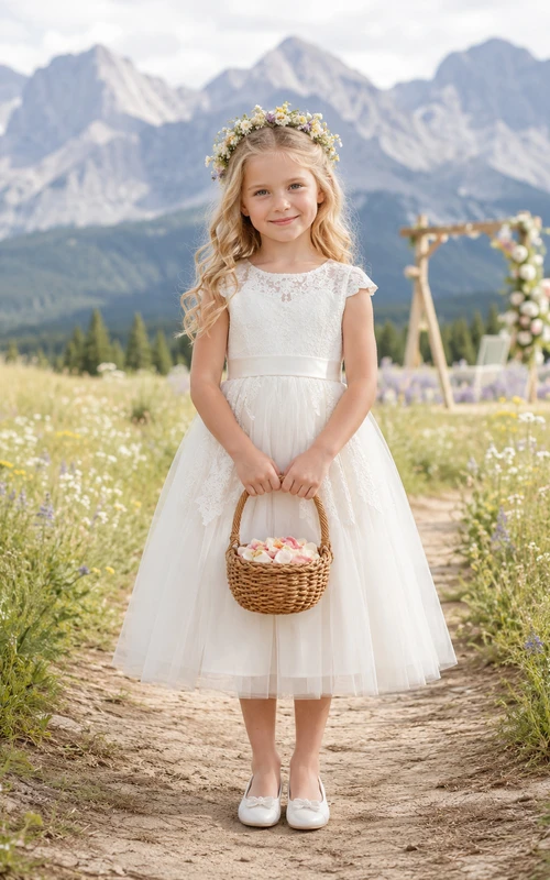 Vestido de niña de flores color marfil, largo hasta la rodilla, encaje, tul, corte en A, escote redondo, manga corta, cremallera transparente en la espalda, fajín de satén.
