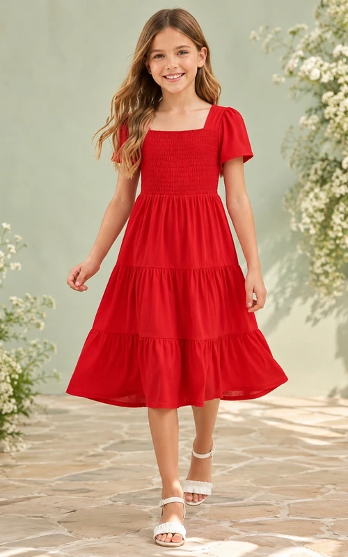 Red Square Neck Short Sleeve Tiered Chiffon Flowergirl Dress