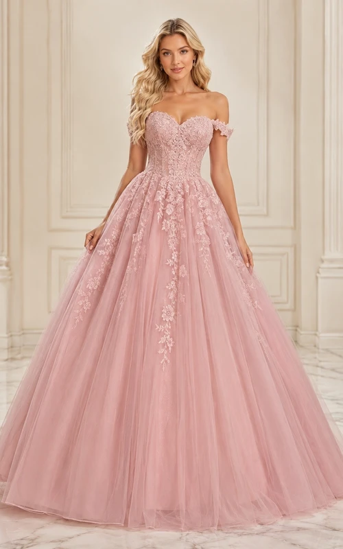 Off Shoulder Romantic Tulle Ball Gown Floor Length Formal Dress