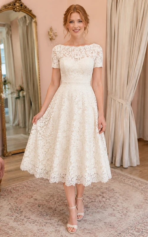 Robe de soirée ivoire en dentelle, manches courtes, coupe trapèze, longueur thé