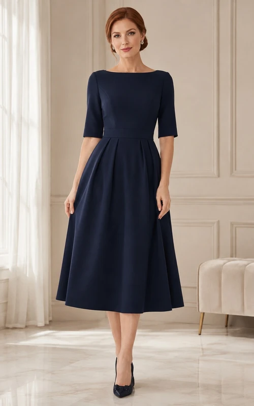 Dark Navy Modest Half Sleeve Bateau Satin Tea-Length A-Line Cocktail Guest Dress