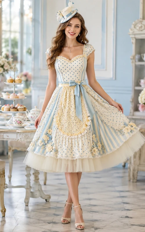 Vestido de fiesta vintage azul de gasa con cuello cuadrado, manga corta y corte en A hasta la rodilla