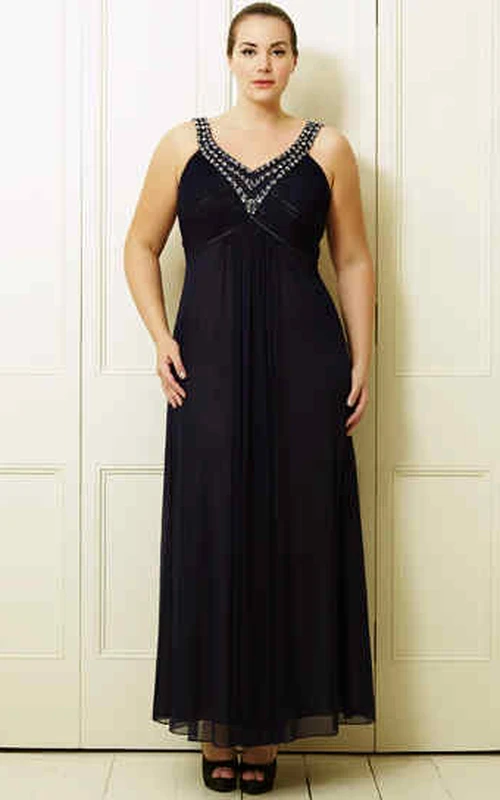 Ankle-Length Sleeveless Ruched V-Neck Chiffon Plus Size Prom Dress With Beading