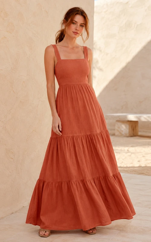 Terracotta square neck strap tiered desert resort maxi dress