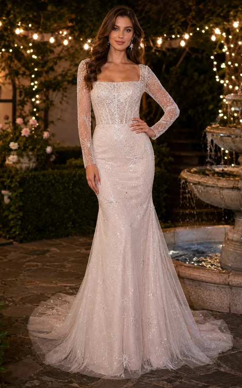 Long Sleeve Celestial Lace Mermaid Garden Bridal Gown