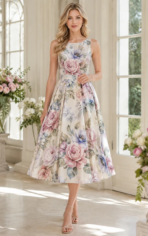 Vestido de invitada sin mangas, corte A, largo midi, con estampado floral de pintura al óleo
