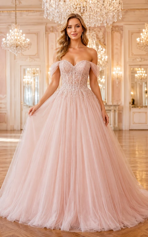 Blush Strapless Sweetheart Tulle Ball Gown With Lace Bodice