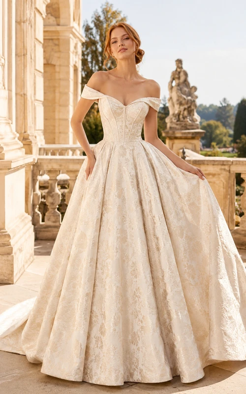 Robe de bal en satin et dentelle florale à épaules dénudées et manches courtes, robe de mariée de style chapelle