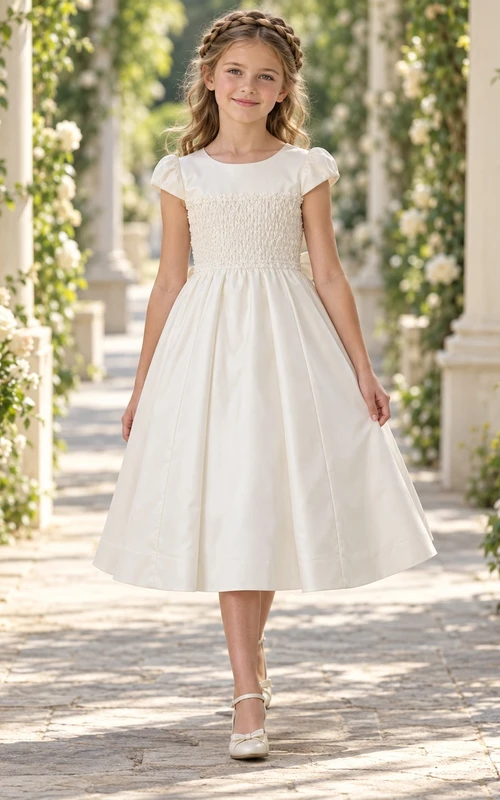 Tea-length Country Ivory A-line Smocked Cap-sleeve Gathered Bow-back Flower Girl Dress
