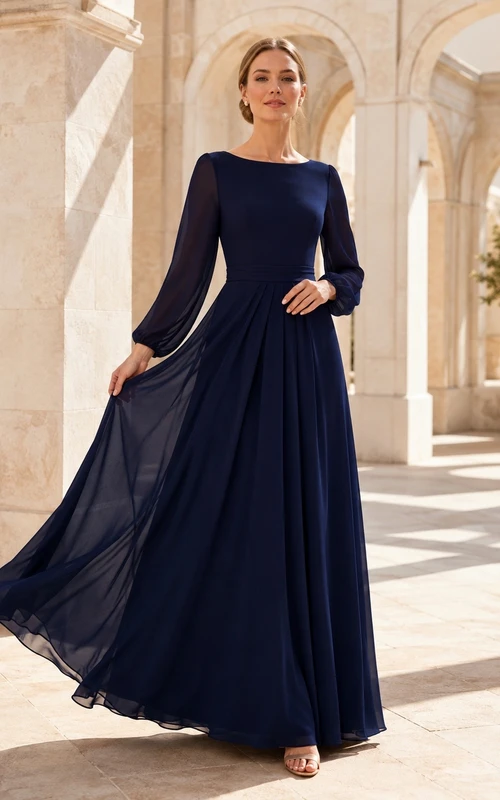 Vestido largo fluido de manga larga y cuello alto de gasa azul marino oscuro