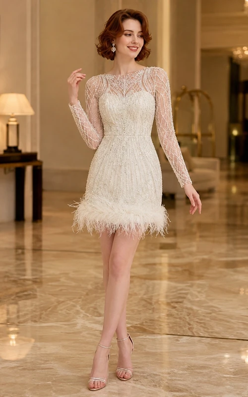 Robe de soirée courte mini sans manches en tulle ivoire ornée de plumes et de plumes, style trapèze.