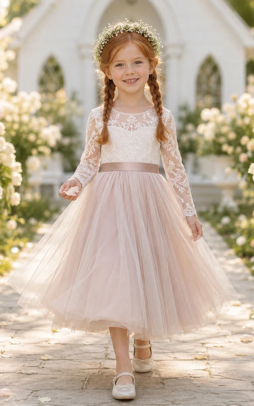 Blush Flower Girl Dress Tea-Length Lace Tulle A-Line Illusion Jewel Long Sleeve Button Back Satin Bow