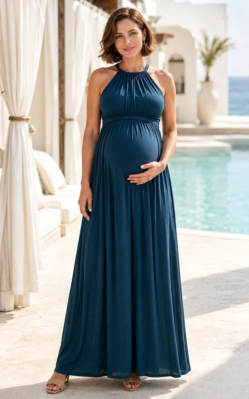 Navy Maternity Halter Sleeveless Chiffon Empire Floor-Length Dress