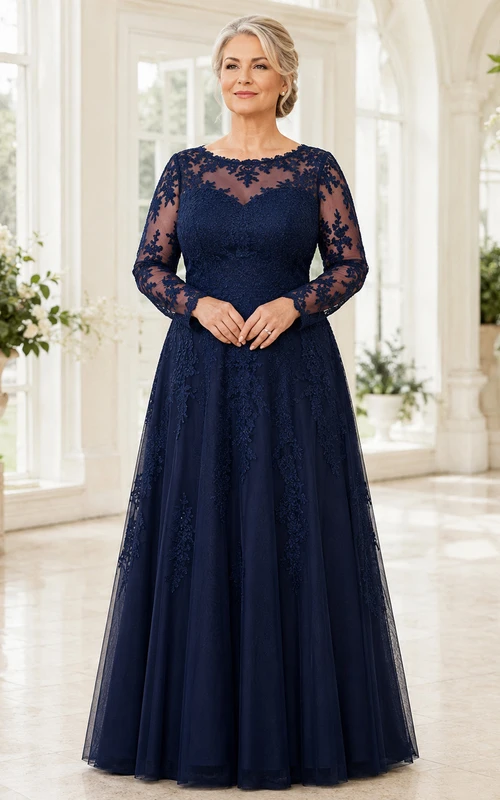 Dunkelblaues Spitzenkleid in Übergröße, elegantes Mutterkleid mit Illusion-Bateau-Ausschnitt, langen Ärmeln, A-Linie und bodenlangem Tüllrock