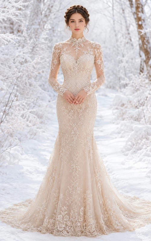 Vestido de novia de sirena de manga larga con encaje y efecto ilusión invernal