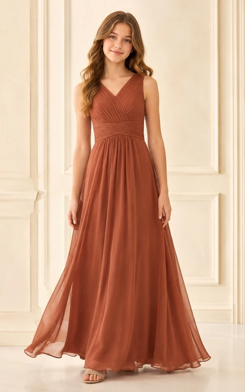 Vestido de dama de honor juvenil marrón, corte en A, escote en V, sin mangas, fruncido, elegante.