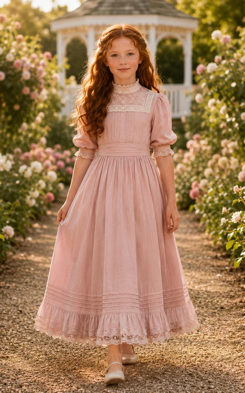 A-Line Edwardian Flower Girl Dress with High Neck, Three-Quarter Sleeves, Lace Skirt, Waist Ribbon, Edwardian Garden Style