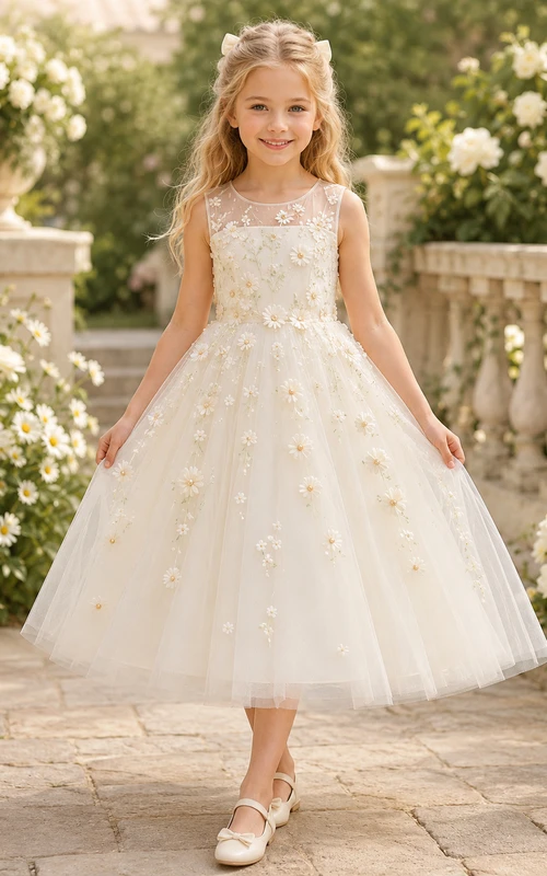 Adorable vestido de niña de flores con bordado de margaritas, corte en A, falda de tul, corpiño sin mangas y largo hasta la rodilla.