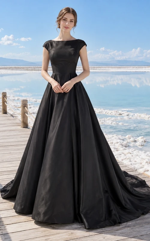 Vestido de novia sencillo y modesto de tafetán negro con mangas cortas y detalles de joyas