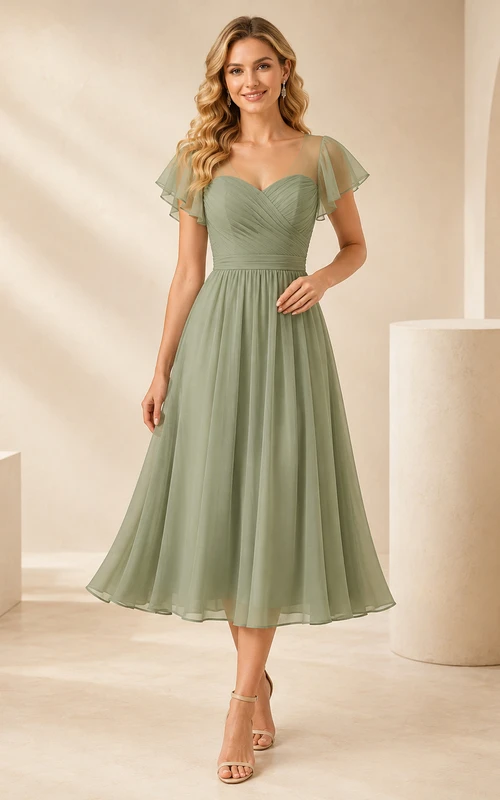 Vestido de fiesta romántico de gasa color celadón hasta la rodilla con escote corazón y mangas con volantes para invitada de boda