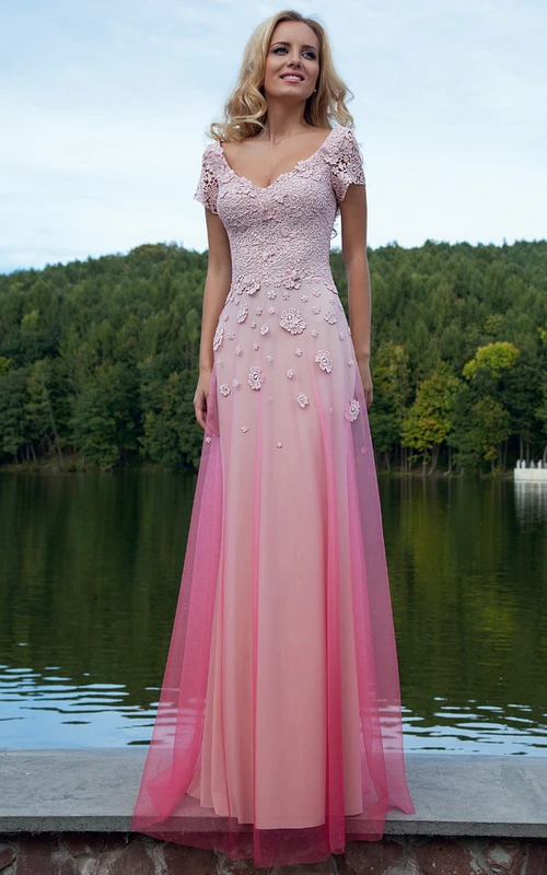 Vestido largo de fiesta de manga corta con escote en V y apliques florales