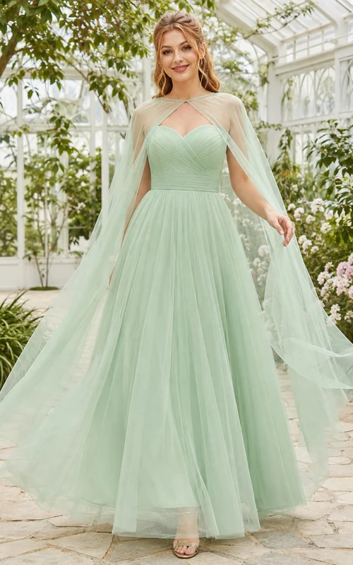 Mint Green Sweetheart Tiered Tulle Cape Sleeve A-Line Gown Dress