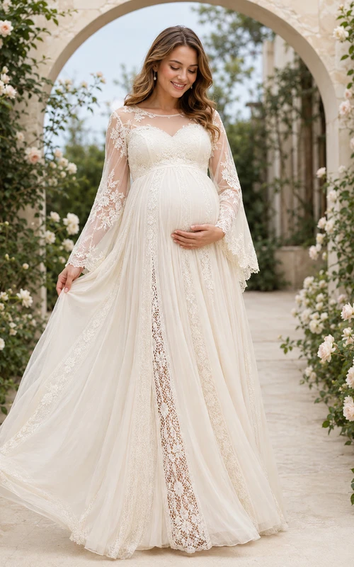 Vestido de novia de corte imperio con escote en V y mangas largas de encaje para embarazadas