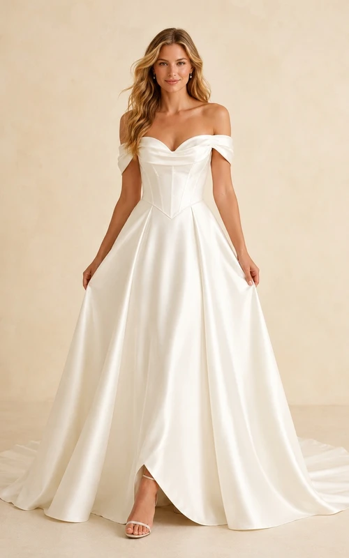 Vestido de novia de satén con mangas cortas, hombros descubiertos, corte en A y cola larga.