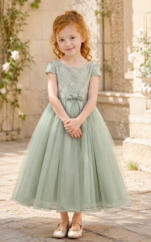 Robe Sage Flower Girl en tulle et dentelle, coupe trapèze, col rond, manches courtes et nœud, longueur thé