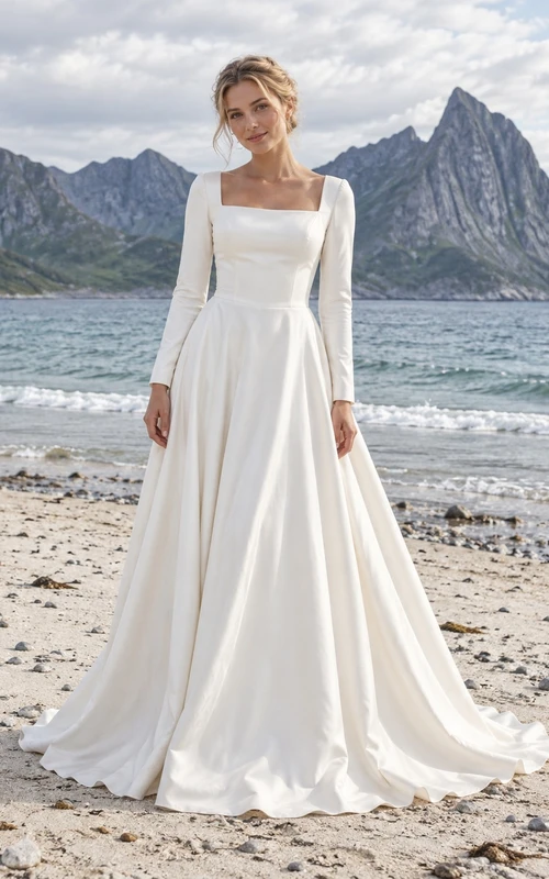 Vestido de novia sencillo de satén de algodón con cuello cuadrado, manga larga y falda amplia en línea A.