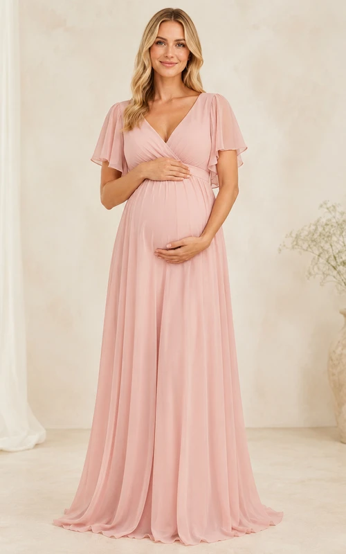 Vestido largo de gasa con escote en V y mangas con volantes, color rosa rubor, estilo imperio, para embarazadas.
