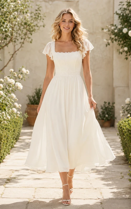 Robe de mariée vintage en dentelle et tulle, coupe trapèze, col en V, sans manches, longueur midi, dos nu plongeant.