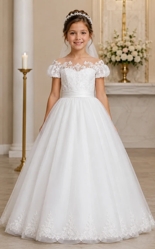 Robe de bal de première communion en tulle blanc illusion à manches bouffantes et dentelle, avec voile