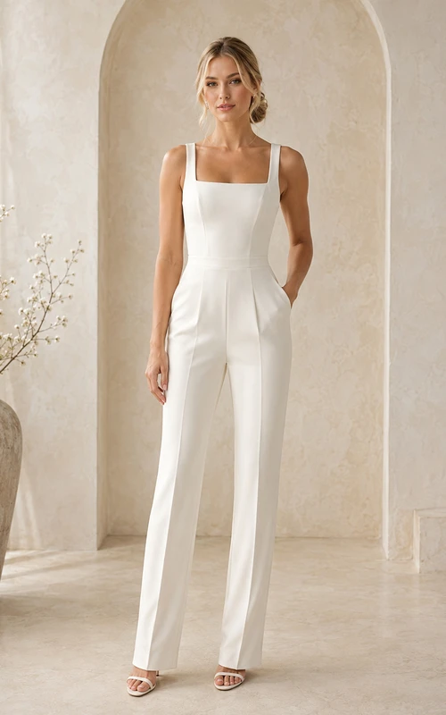 Combinaison de mariage minimaliste en satin, col carré, sans manches, longueur au sol