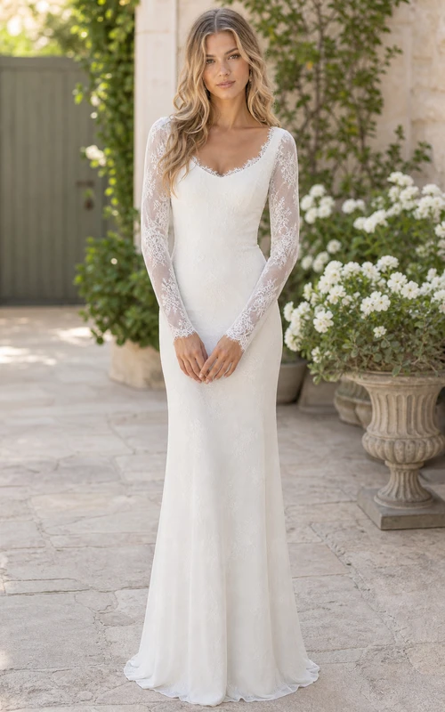 Vestido de novia bohemio de corte recto, minivestido con escote en V, manga larga, cola de cepillo y encaje.