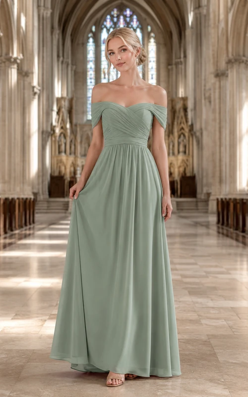 Cathedral Ceremony Formal Sage Romantic Elegant A-Line Chiffon Bridesmaid Dress with Off Shoulder Sweetheart Short Sleeve Floor-Length Low Back