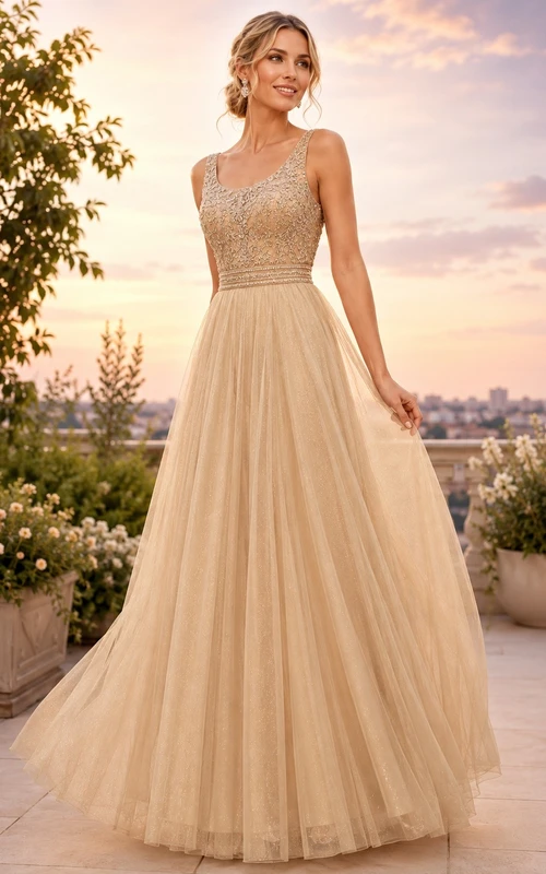 Elegante vestido de noche largo hasta el suelo, de corte A, tul, con tirantes finos, color champán, estilo romántico.