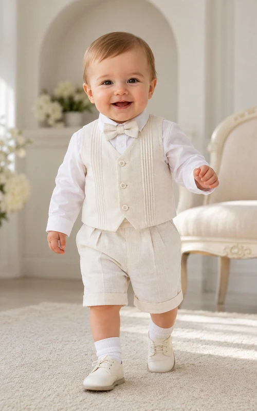 Ivory Pinstripe Vest Bow Tie Short Christening Outfit for Baby Boy