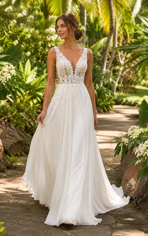 Robe de mariée bohème en mousseline de soie à décolleté plongeant et dentelle, coupe trapèze, style champêtre, pour un mariage de destination.