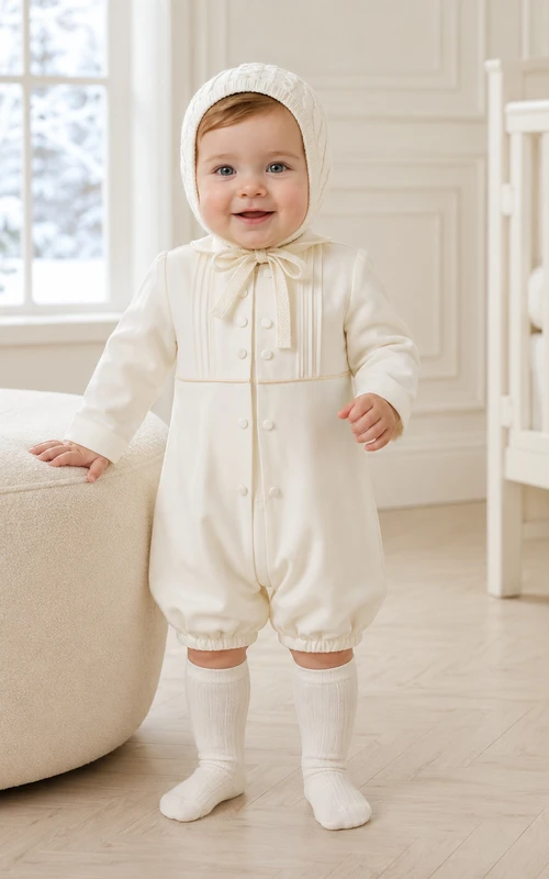 Klassischer weißer Langarm-Baby-Tauf-Strampler mit Zopfmuster und Füßchen