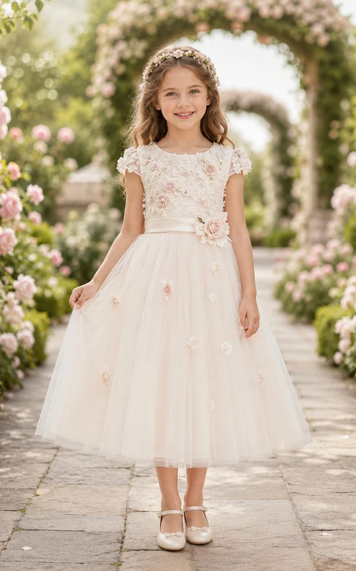 Robe de demoiselle d'honneur en tulle et dentelle, coupe trapèze, col rond et jupe mi-longue.
