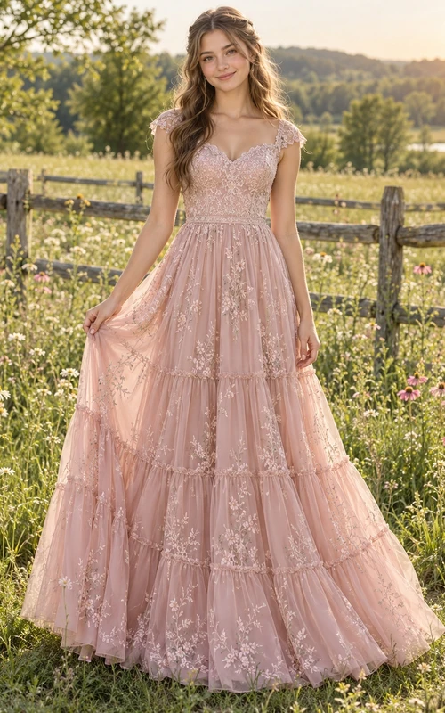 Country Dusty Rose Sweetheart Cap Sleeve Lace Tiered Sweet Sixteen Gown
