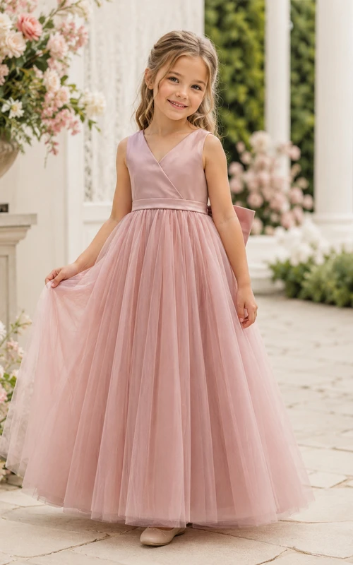 Vestido de niña de flores sin mangas, con escote en V y corte en A, de tul plisado, color sandía.