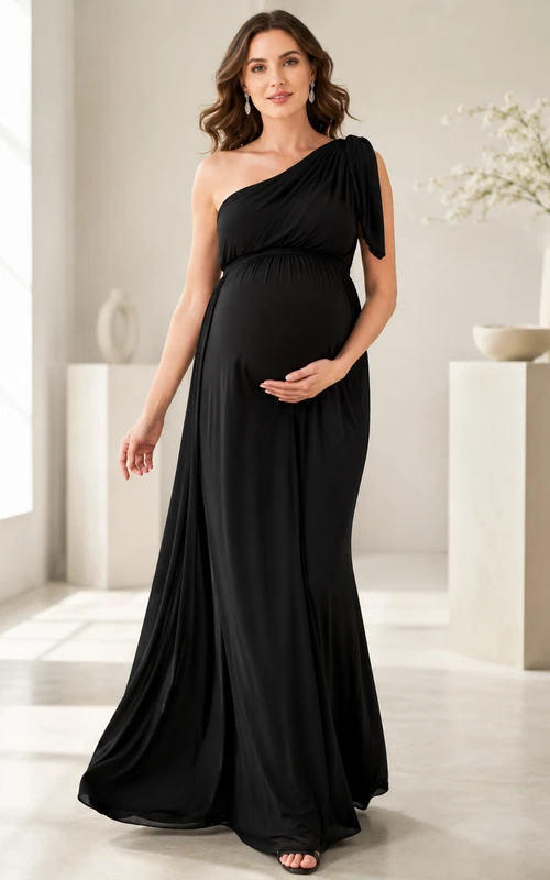 Umstandskleid in Schwarz, A-Linie, bodenlang, ärmellos, mit One-Shoulder-Ausschnitt, ärmellos, modern, Modell Midnight Maternity