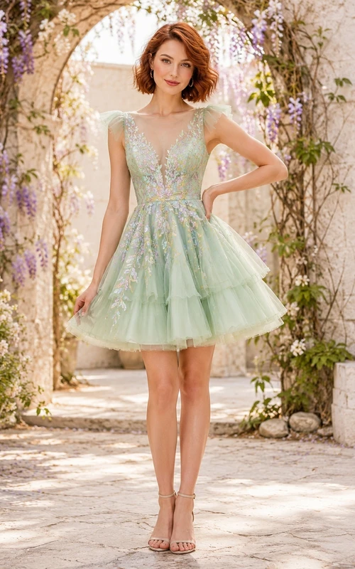Robe de cocktail vaporeuse en tulle menthe, col V, coupe trapèze courte, col V, à imprimé floral éthéré, idéale pour un bal de fin d'année.