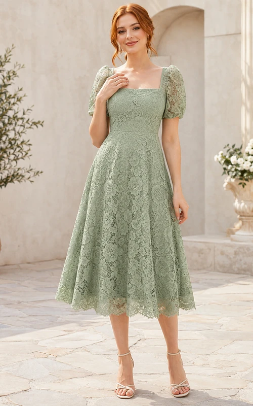 Vestido de invitada largo midi de encaje floral, cuello cuadrado, mangas abullonadas, cintura natural, corte entallado y falda acampanada, bajo festoneado.