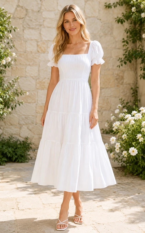 Vestido de verano blanco de algodón con cuello cuadrado y mangas abullonadas.