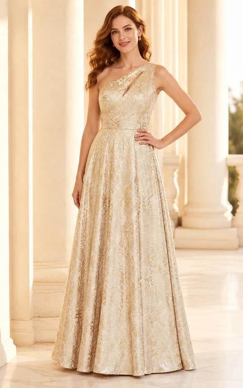 Champagne one shoulder lace floor length A-line gown