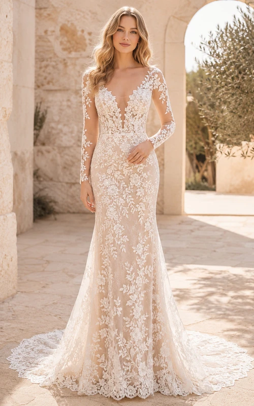 Robe de mariée sirène à manches longues et décolleté plongeant en dentelle spectaculaire, ornée d'appliques et d'un motif à traîne chapelle, idéale pour un mariage champêtre. Décolleté en V profond et manches longues.